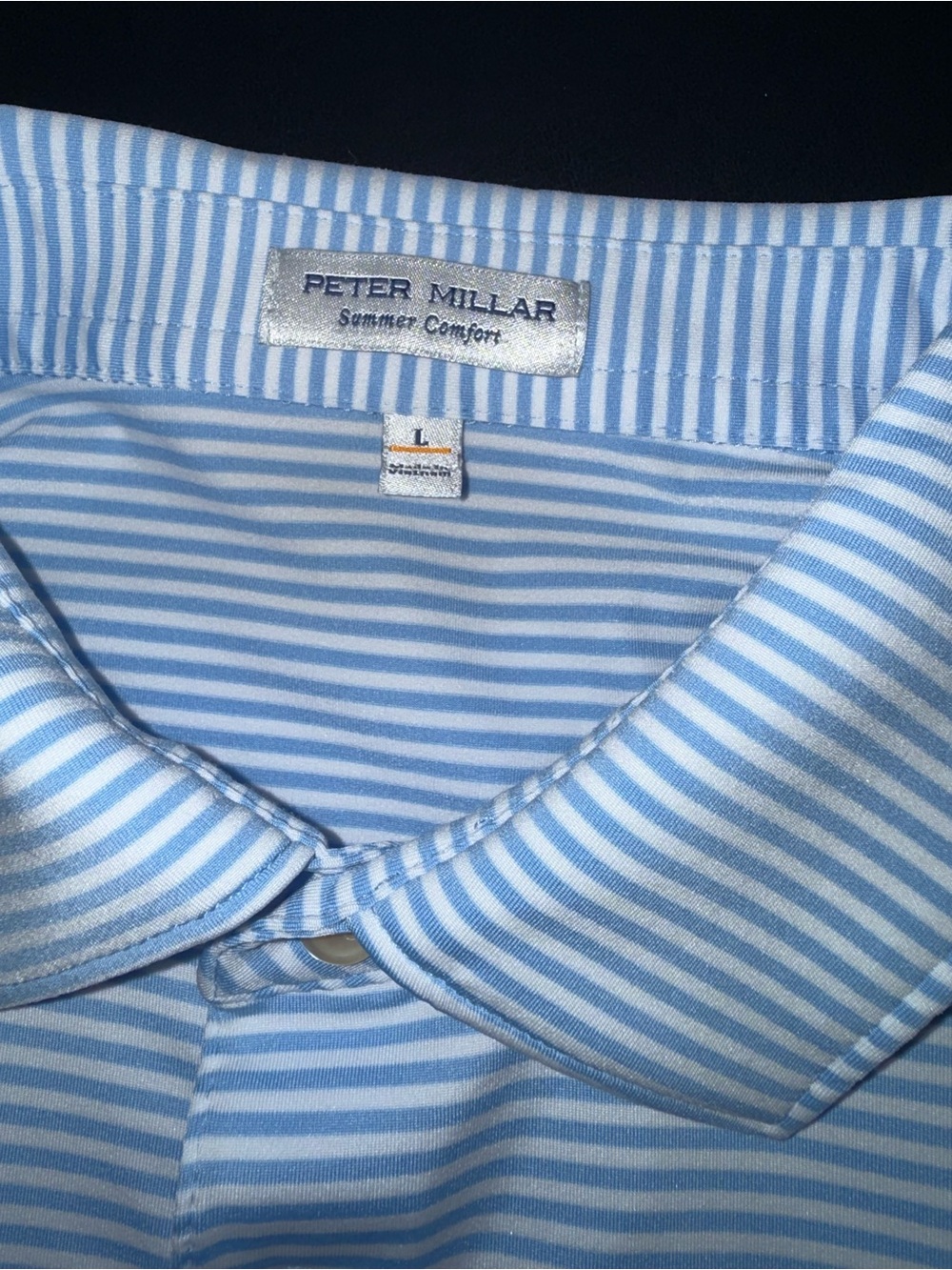 Peter Millar Golf Polo Shirt Men's LG Blue White Stripe Summer Comfort Logo - Picture 4 of 8